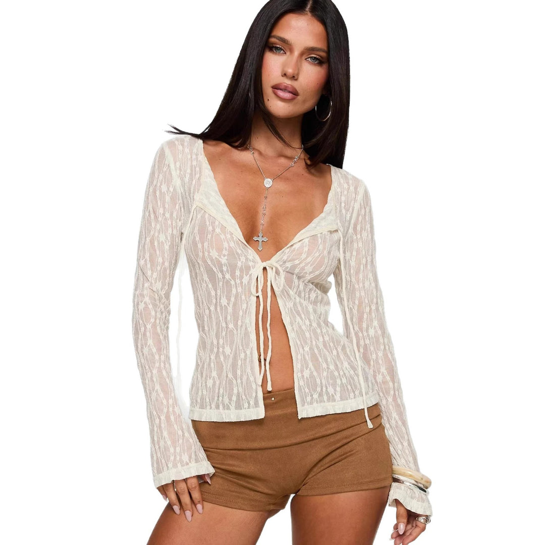 Damen Transparente Spitzenbluse mit tiefem V-Ausschnitt und Bändern Drune
