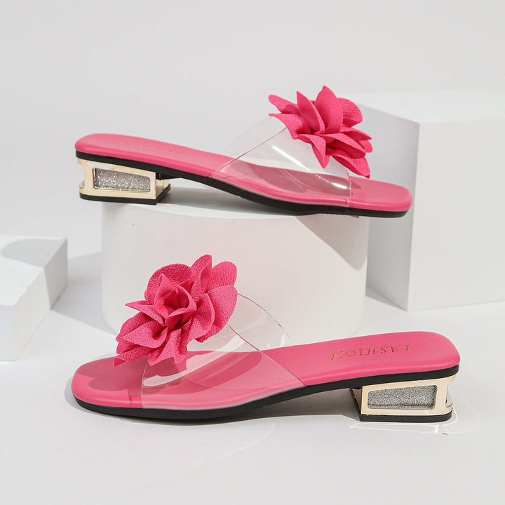 Damen Slides mit floralen Applikationen und funkelndem Blockabsatz Drune
