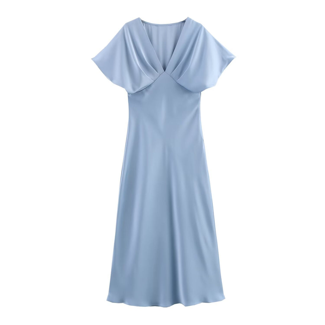 Damen Maxikleid mit elegantem V-Ausschnitt und fließendem Satin-Material Drune