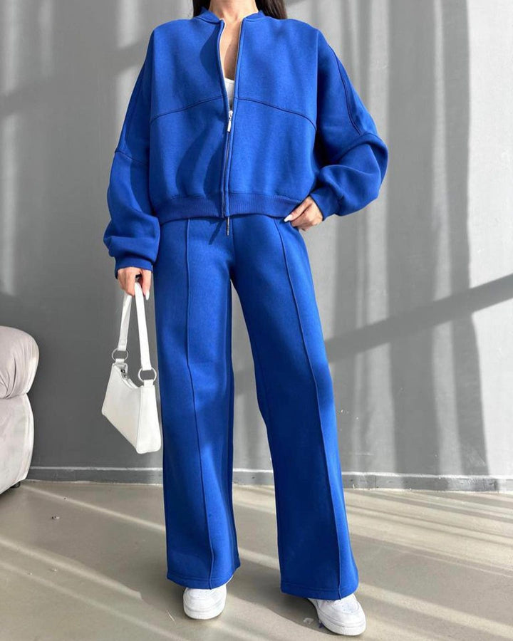 Damen Freizeitlook mit lässiger Zip-Jacke und weit geschnittener Hose Drune