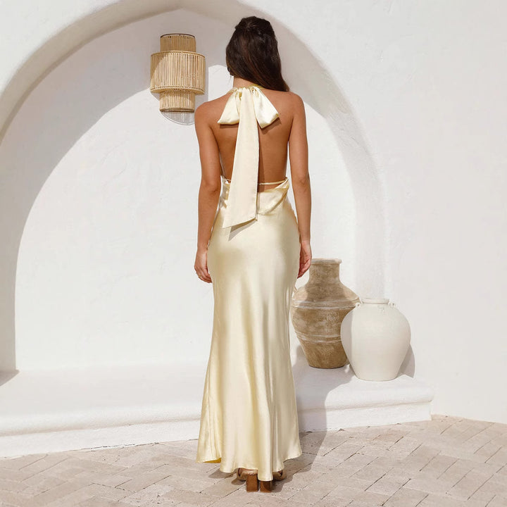 Damen elegantes satiniertes Maxikleid mit tiefem V-Ausschnitt und figurbetontem Schnitt Drune
