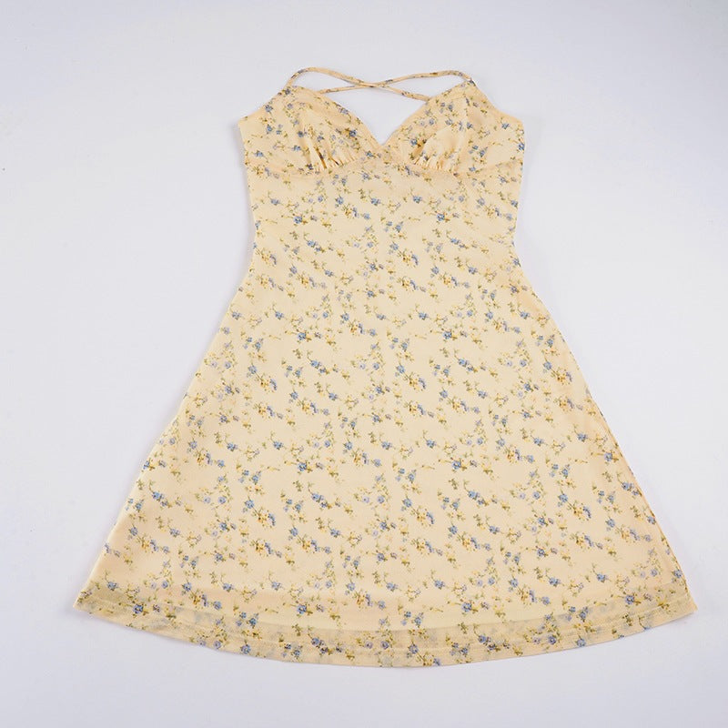 Damen Kurzarm Sommerkleid mit floralem Design und verstellbaren Spaghettiträgern Drune