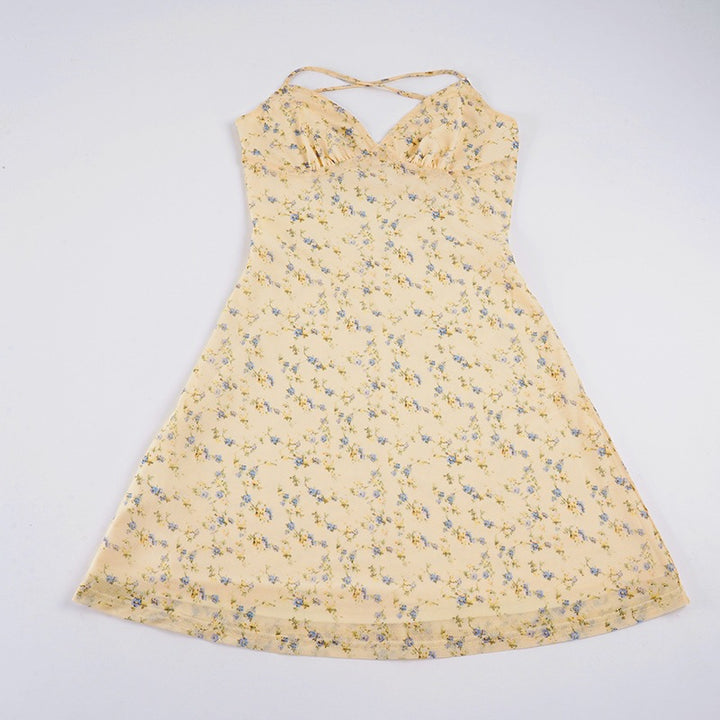 Damen Kurzarm Sommerkleid mit floralem Design und verstellbaren Spaghettiträgern Drune