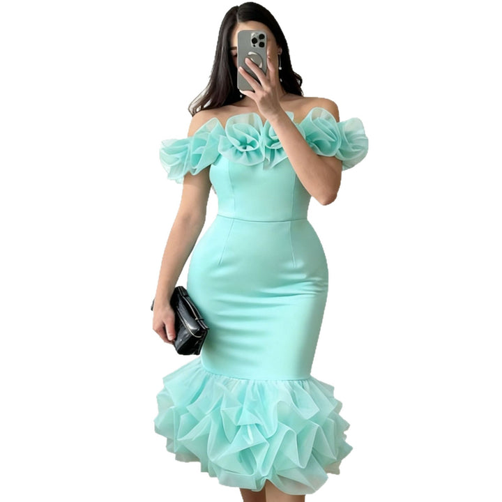 Damen Figurbetontes Kleid mit Rüschenärmel und voluminösem Saum Drune