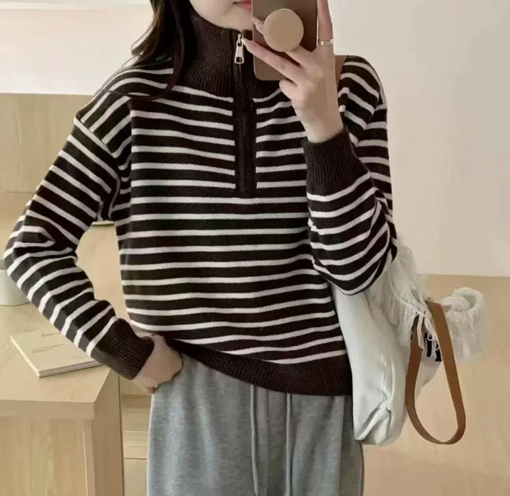 Damen Strickpullover mit kurzem Reißverschluss und modischem Streifenmuster Drune