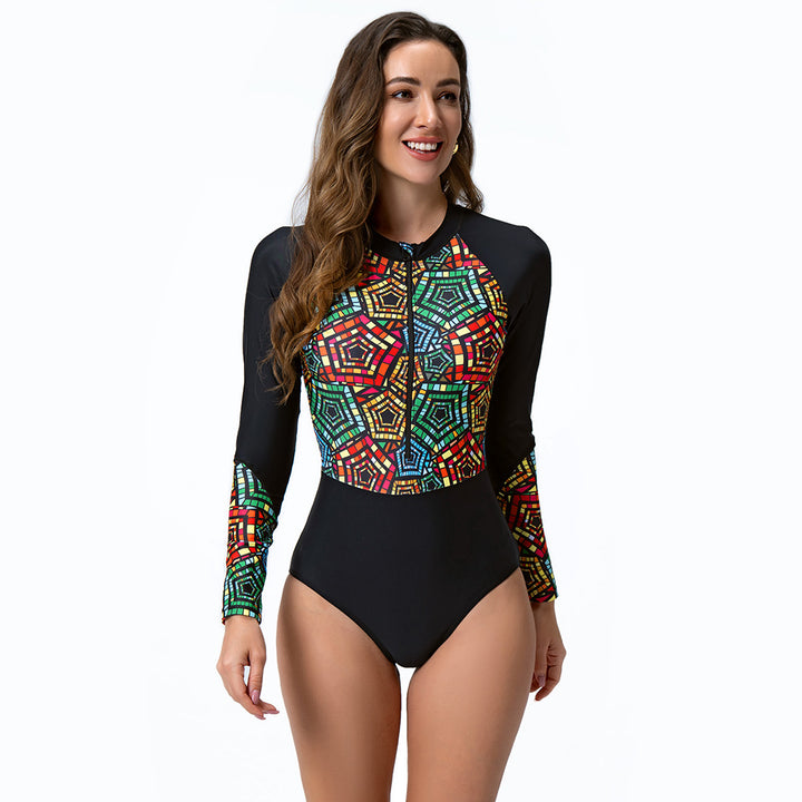 Damen Sportlicher Langarm-Schwimmanzug mit buntem Grafikdesign Drune