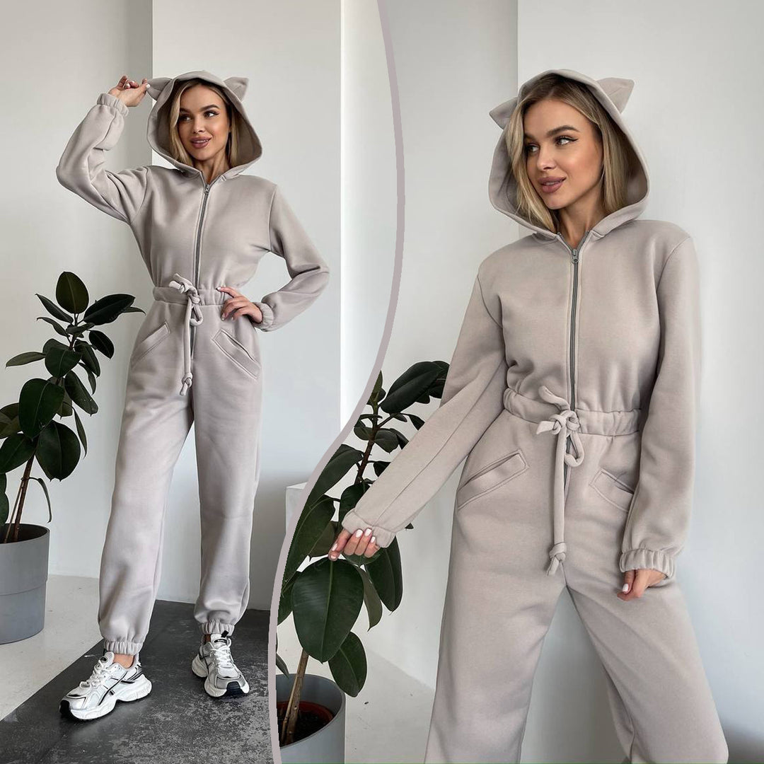 Damen Kuscheliger Jumpsuit mit Känguru-Taschen und Tierohren Drune
