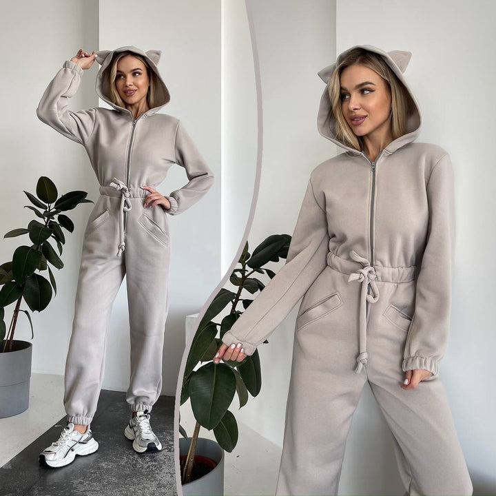 Damen Kuscheliger Jumpsuit mit Känguru-Taschen und Tierohren Drune