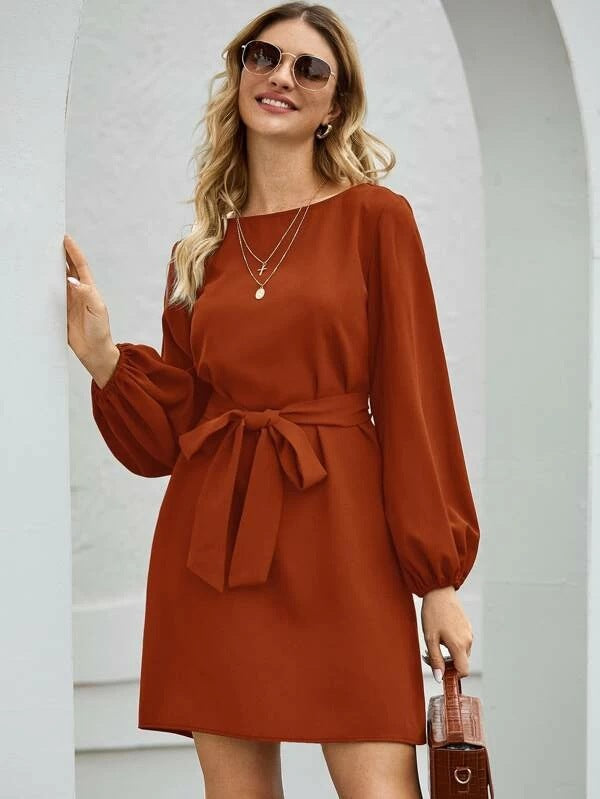 Damen Elegantes Kleid mit Ballonärmeln und Taillengürtel Drune