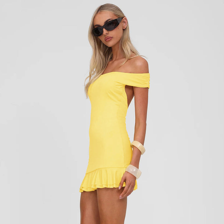 Damen Figurumspielendes Mini-Kleid mit schulterfreiem Design und raffinierten Rüschendetails Drune
