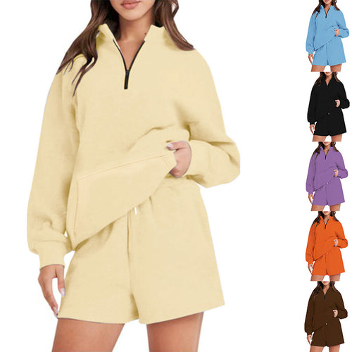 Damen Lässiger Sweatshirt-Set mit hochschließendem Kragen und kurzen Shorts Drune