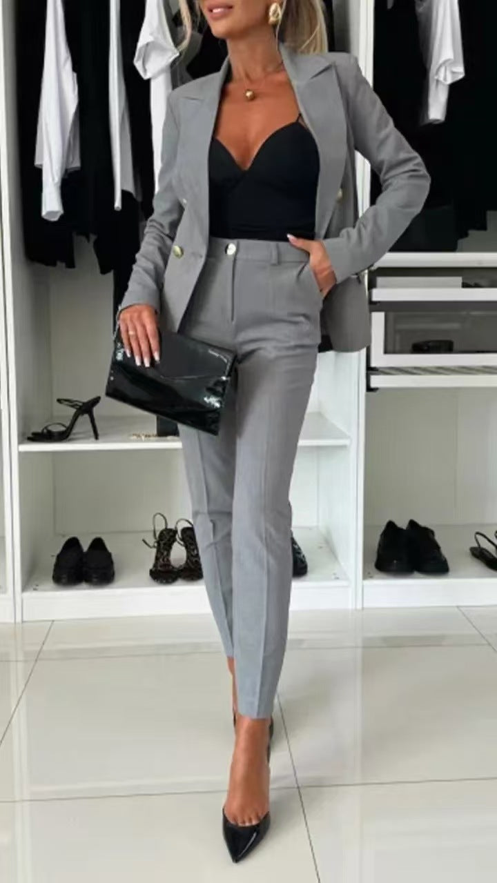 Damen elegantes Business-Anzug-Set mit doppelter Knopfleiste und schmaler Passform Drune
