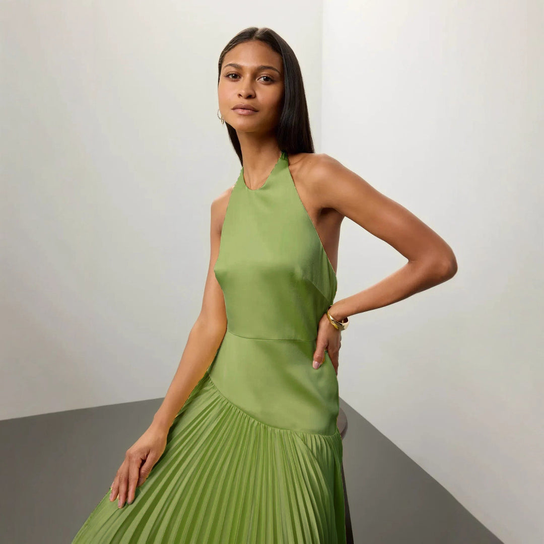 Damen Elegantes Maxi-Kleid mit fließendem Faltenrock und Halterneck-Design Drune