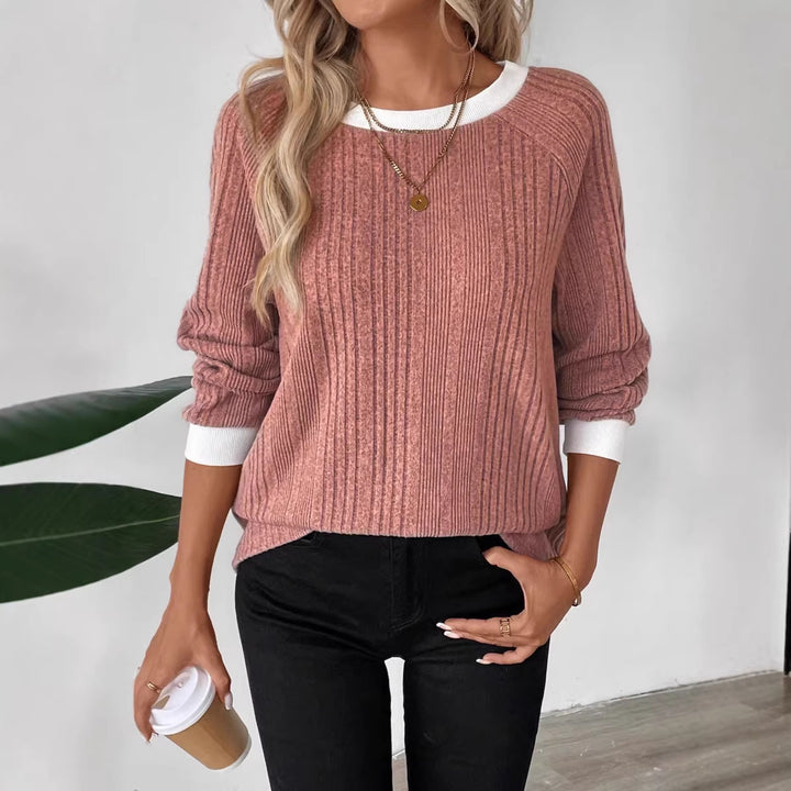 Damen lässiger Pullover mit optimalem Rippenstrickdesign und kontrastrierendem Besatz Drune