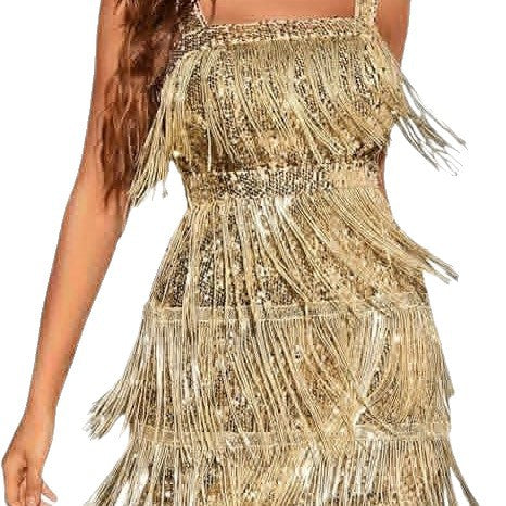Damen Fransen-Minikleid mit glitzerndem Paillettenbesatz und schulterfreiem Design Drune