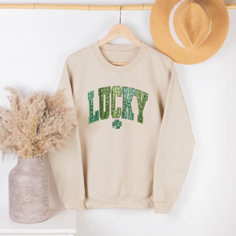 Damen lässiger Sweatshirt mit glitzerndem Schriftzug und Kleeblattmotiv Drune