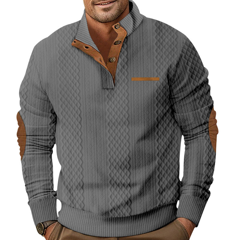 Herren nan strukturierter Strickpullover mit Stehkragen, Knopfleiste und Ellenbogenpatches Drune