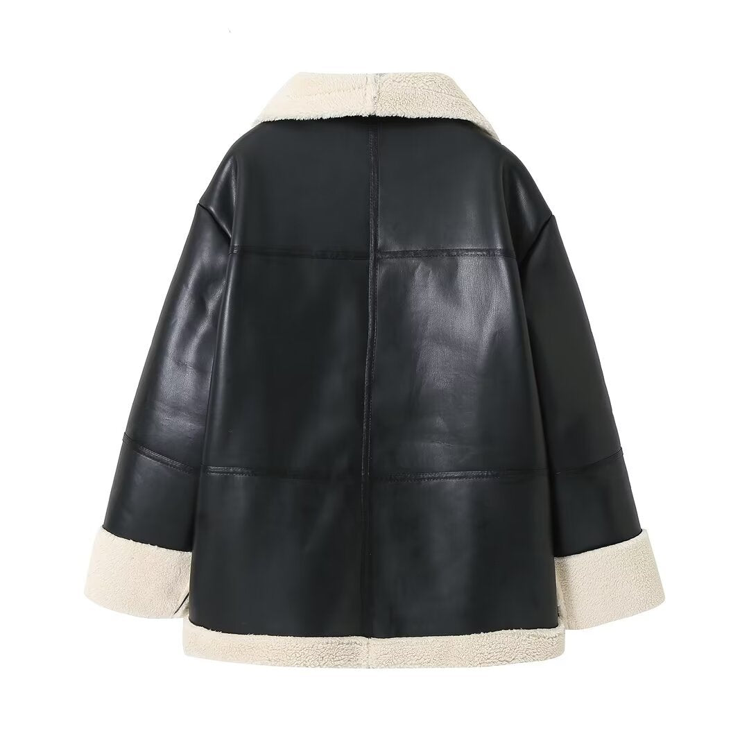 Damen gesteppte Kunstlederjacke mit warmem Innenfutter und elegantem Revers Drune