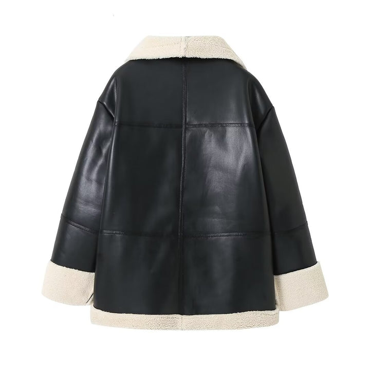 Damen gesteppte Kunstlederjacke mit warmem Innenfutter und elegantem Revers Drune