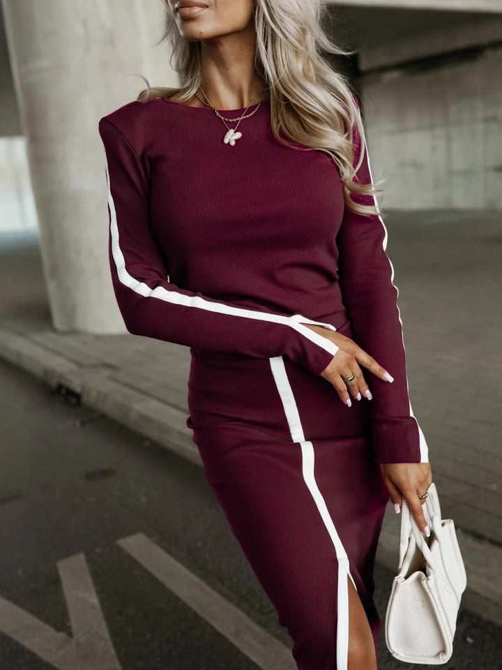 Damen Elegantes Strick-Kleid mit Seitenschlitz und Kontraststreifen Drune