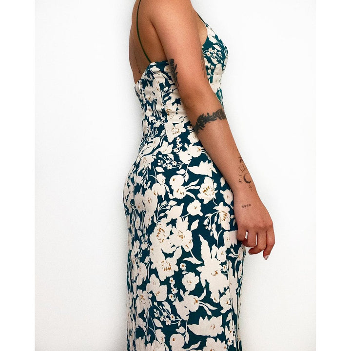 Damen Spaghettiträger Maxikleid mit floralem Design und hohem Schlitz Drune