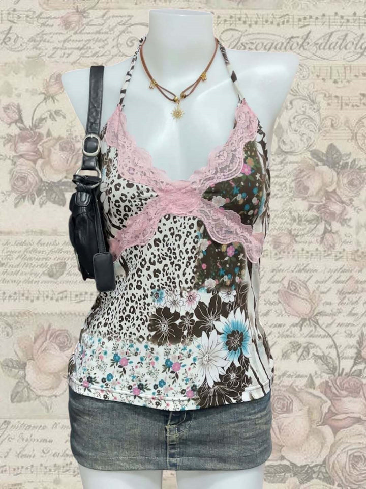Damen Verspieltes Haltertop mit floralem und Leopardenmuster Drune