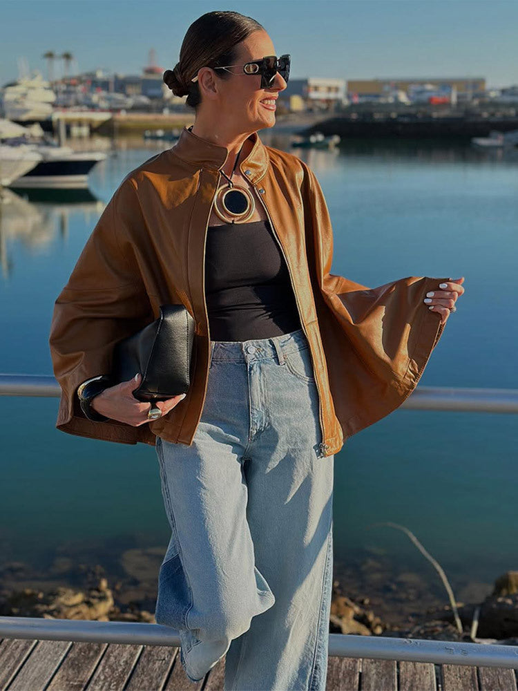 Damen Kunstlederjacke mit schickem Kapuzen-Design Drune