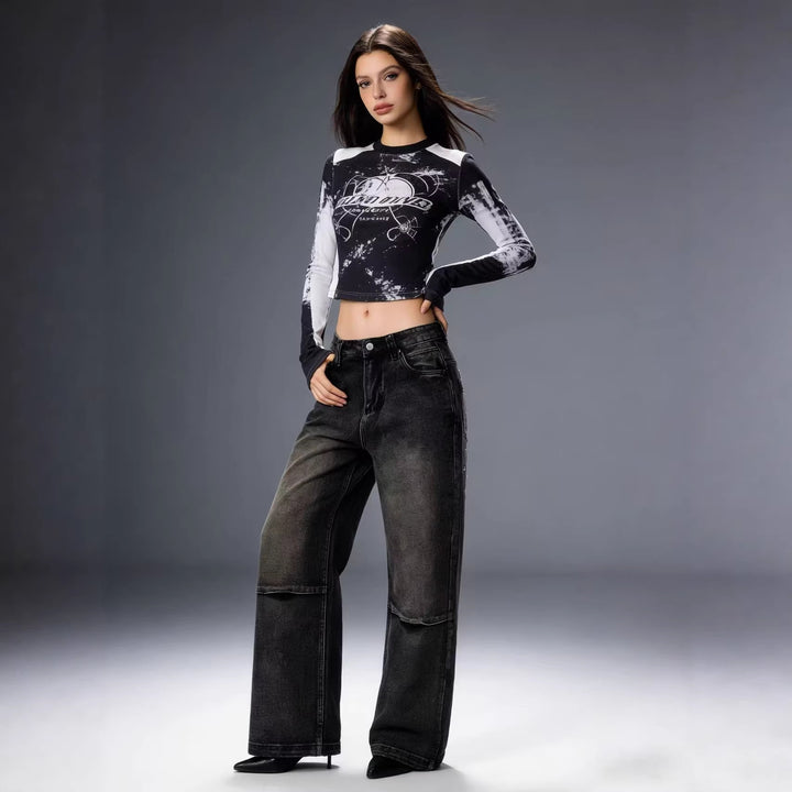 Damen Schlagjeans mit weitem Bein und modischen Waschungseffekten Drune