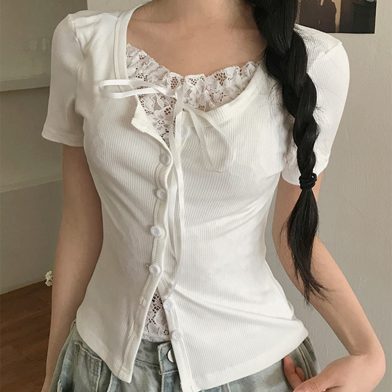 Damen Spitzen-Oberteil mit schulterfreiem Design und eleganter Schnürung Drune