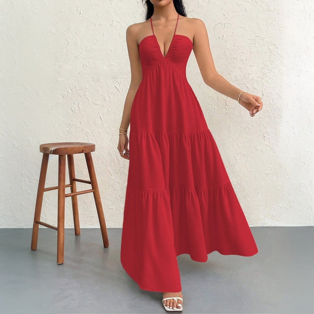 Damen Maxikleid mit tiefem V-Ausschnitt und Volants Drune