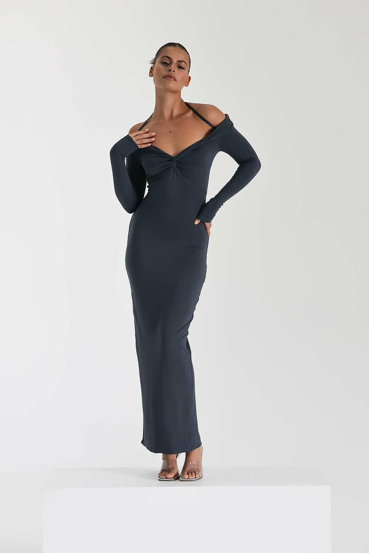 Damen Maxi-Kleid mit Off-Shoulder Design und elegantem Schlitz Drune