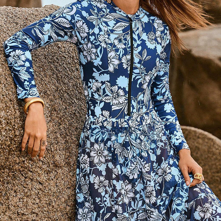 Damen Badeanzug mit langärmligem Design und floralem Maxirock Drune