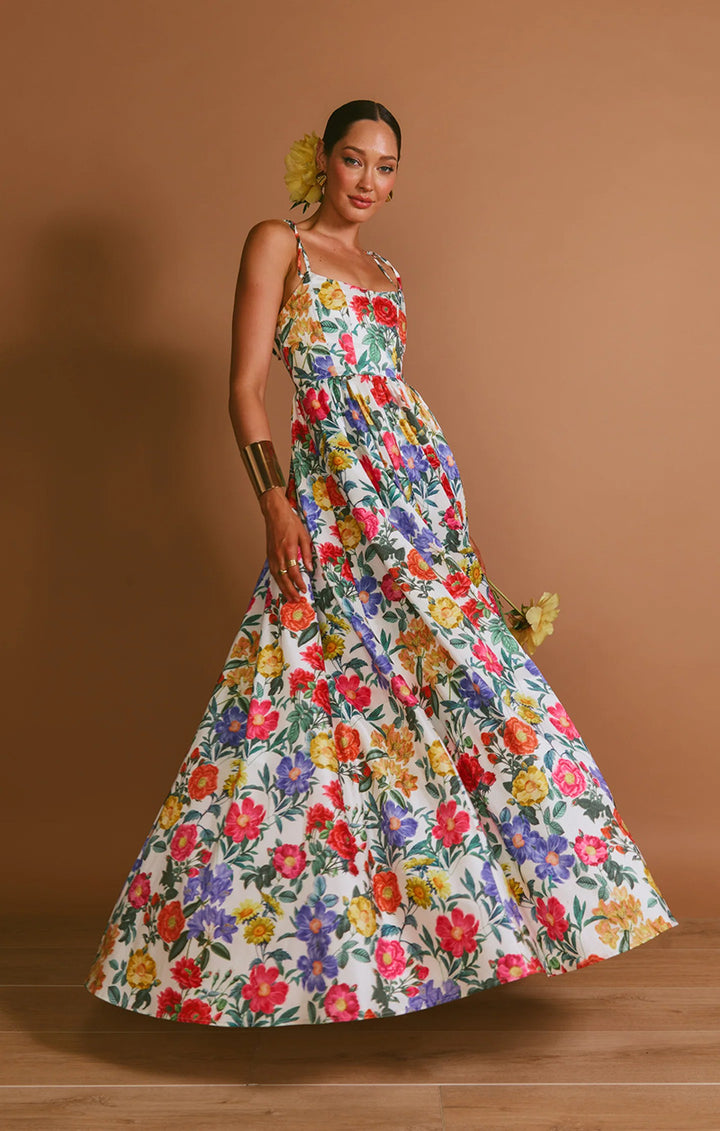 Damen Maxi-Langarmkleid mit floralem Muster und Rüschendetails Drune