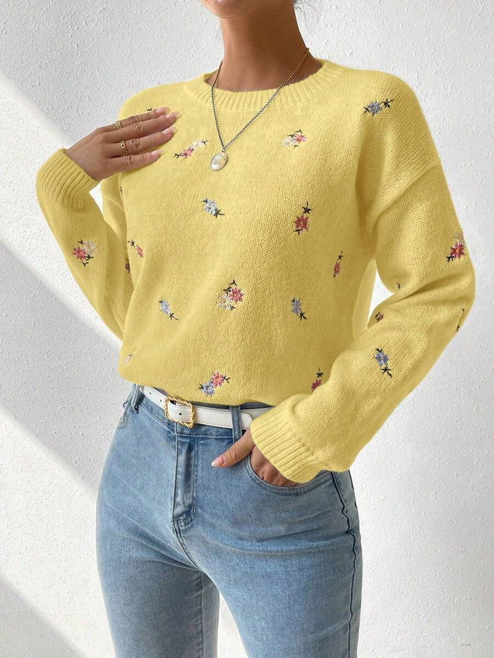Damen Feinstrickpullover mit floralem Stickdesign und Rundhalsausschnitt Drune