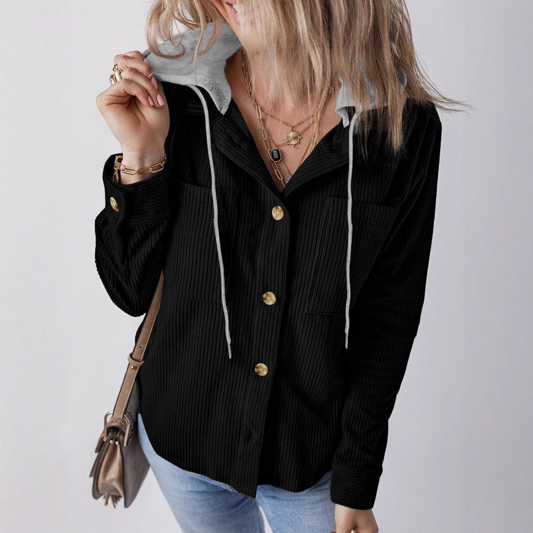 Damen Lässige Longjacke mit Kapuze und Knopfdetails Drune