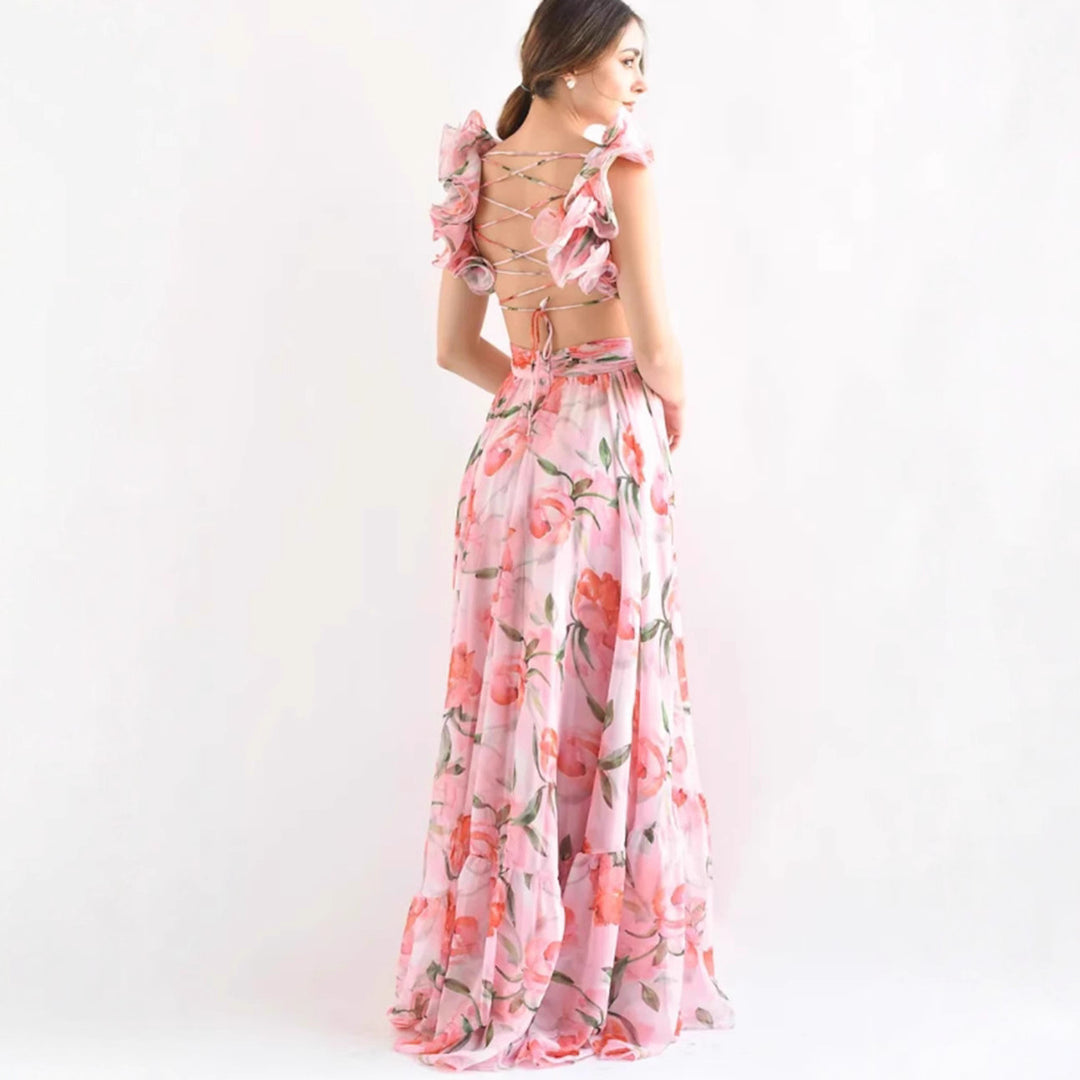 Damen Maxikleid mit blumiger Eleganz und verspielten Rüschendetails Drune