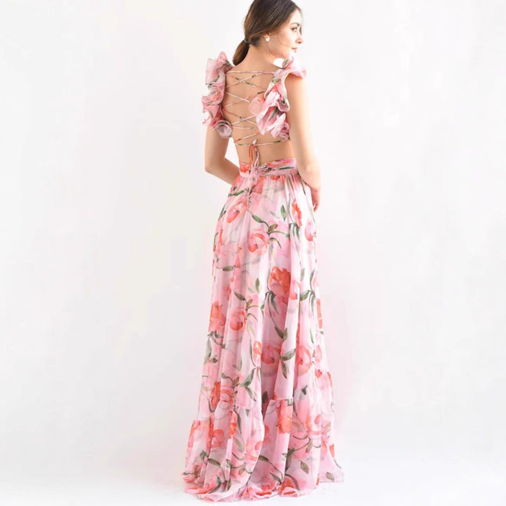 Damen Maxikleid mit blumiger Eleganz und verspielten Rüschendetails Drune