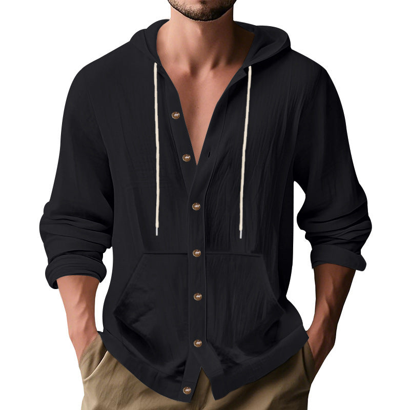 Herren nan knopfverschlossene Kapuzenhemdjacke aus leichtem Baumwollmix mit Kängurutasche Drune