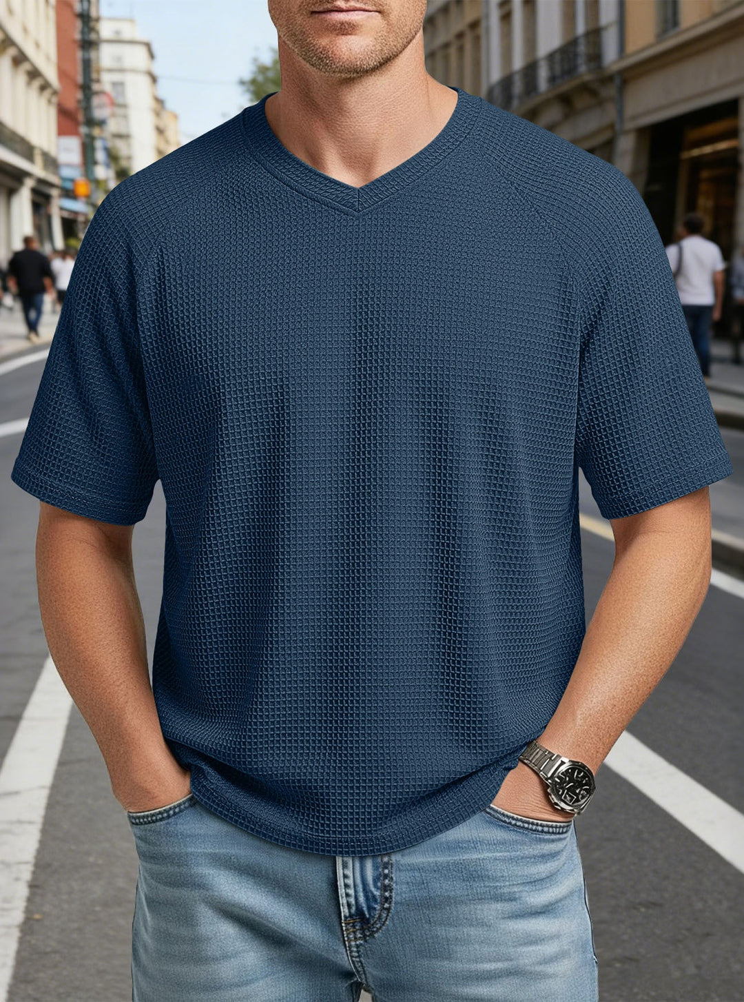 Herren nan lässiges V-Ausschnitt Waffelstrick-T-Shirt aus atmungsaktivem Baumwollmix Drune