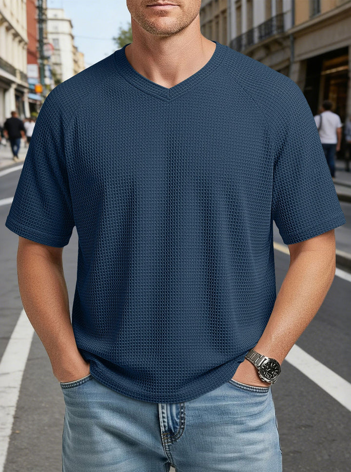 Herren nan lässiges V-Ausschnitt Waffelstrick-T-Shirt aus atmungsaktivem Baumwollmix Drune