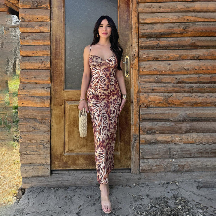 Damen Lange Leoprint-Maxi-Kleid mit trägerlosem Design und figurbetontem Schnitt Drune