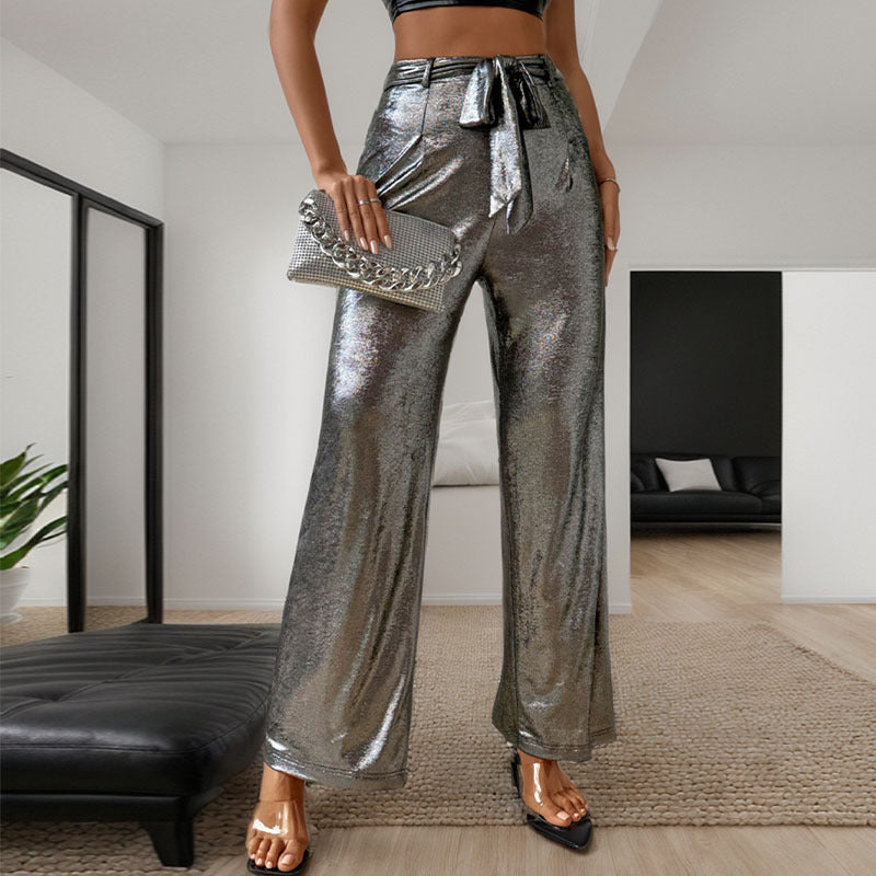 Damen glänzende Palazzo-Hose mit hohem Bund und dekorativem Bindegürtel Drune