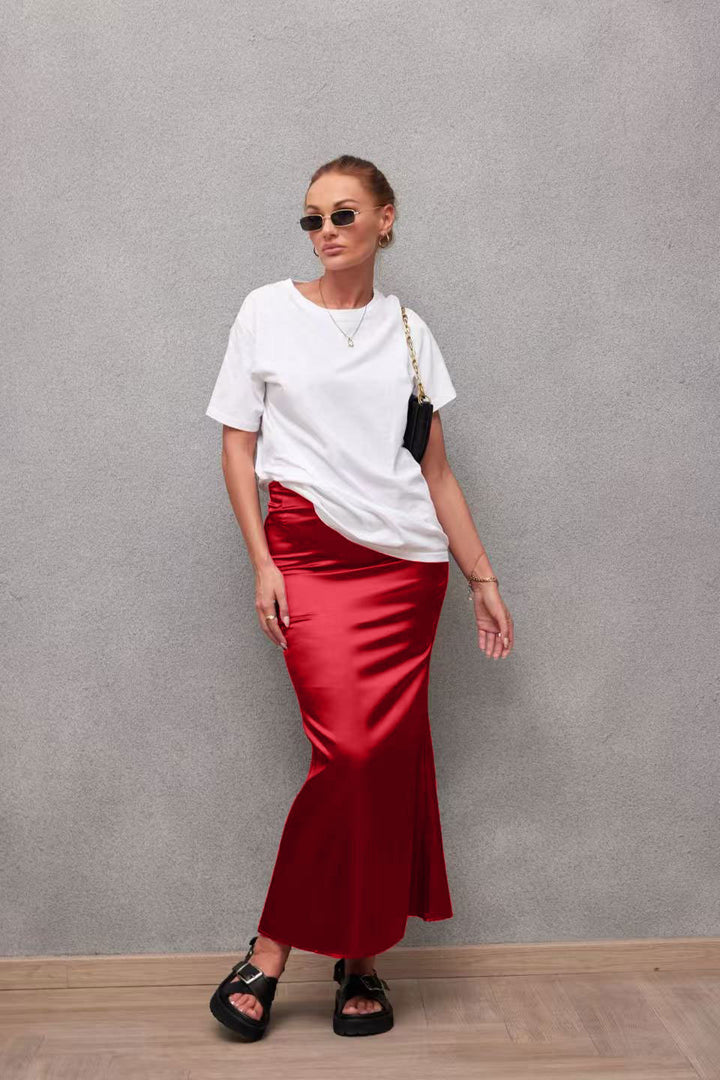 Damen Eleganter Maxirock aus glänzendem Satin mit hohem Schlitz Drune