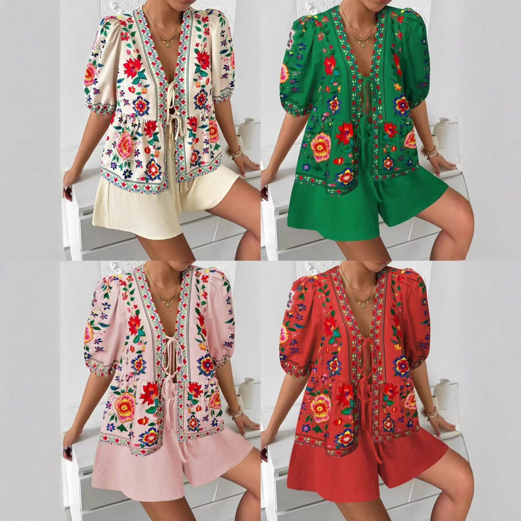 Damen Blusenshirt mit buntem Blumenmuster und lockerer Passform Drune