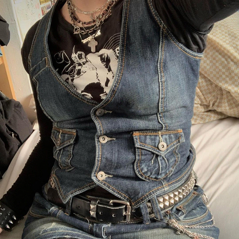 Damen Denim-Bustierjacke mit nostalgischem Spitzeneinsatz und dekorativen Knopfdetails Drune