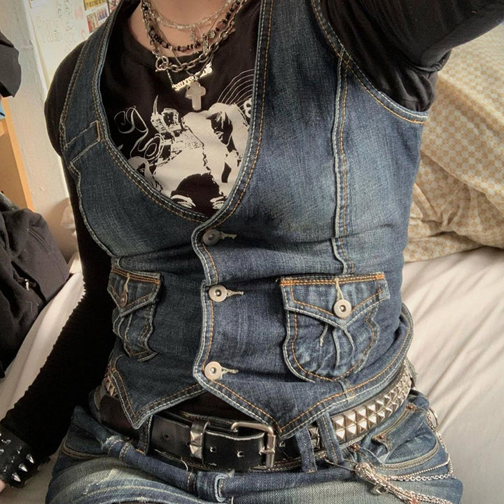 Damen Denim-Bustierjacke mit nostalgischem Spitzeneinsatz und dekorativen Knopfdetails Drune