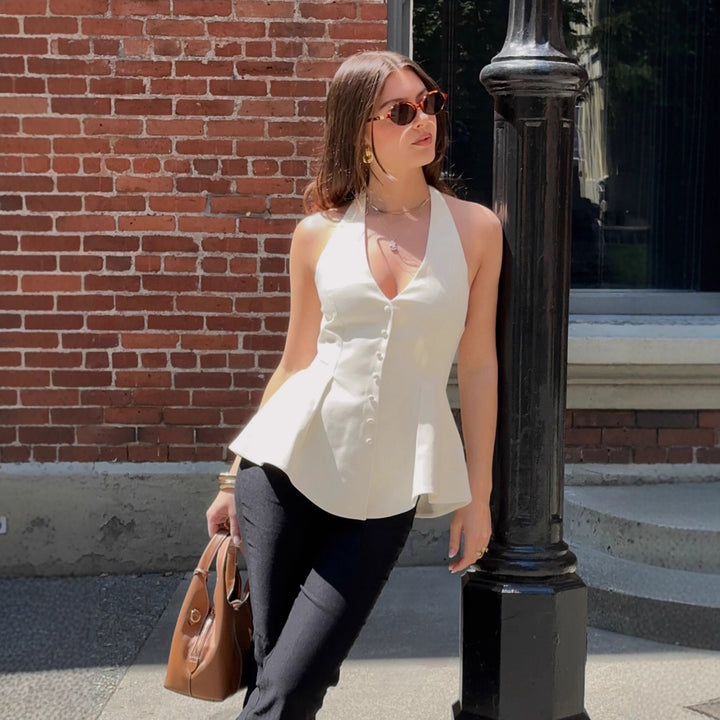 Damen Halterneck-Bluse mit taillierter Passform und Knopfleiste Drune