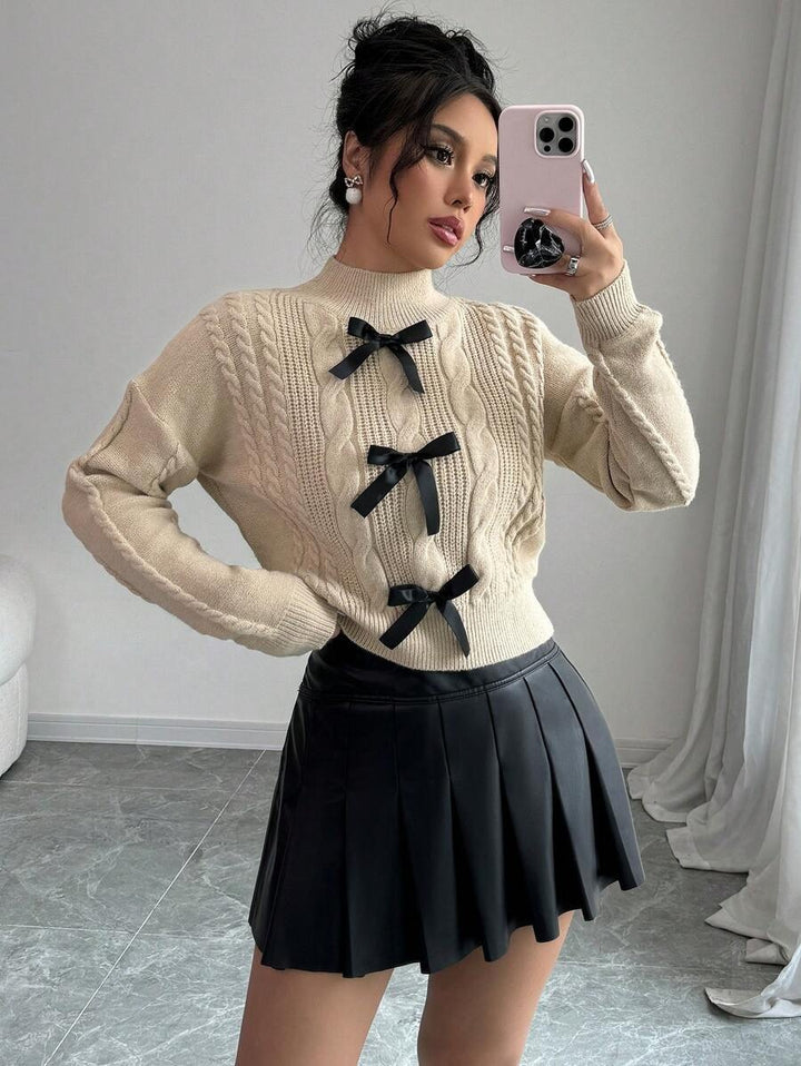 Damen Strickpullover mit dekorativen Schleifenelementen und hochkochgedämpftem Kragen Drune