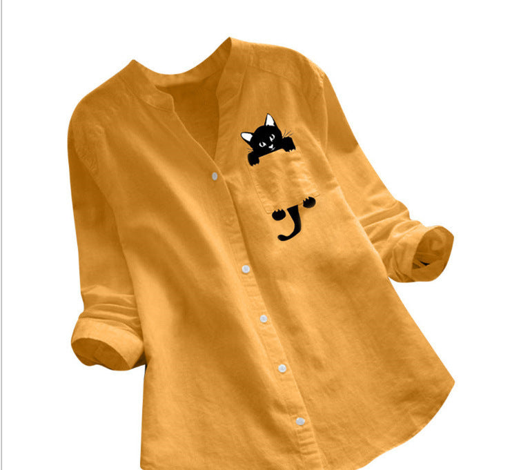 Damen trendige Bluse mit lustigem Katzenmotiv Drune