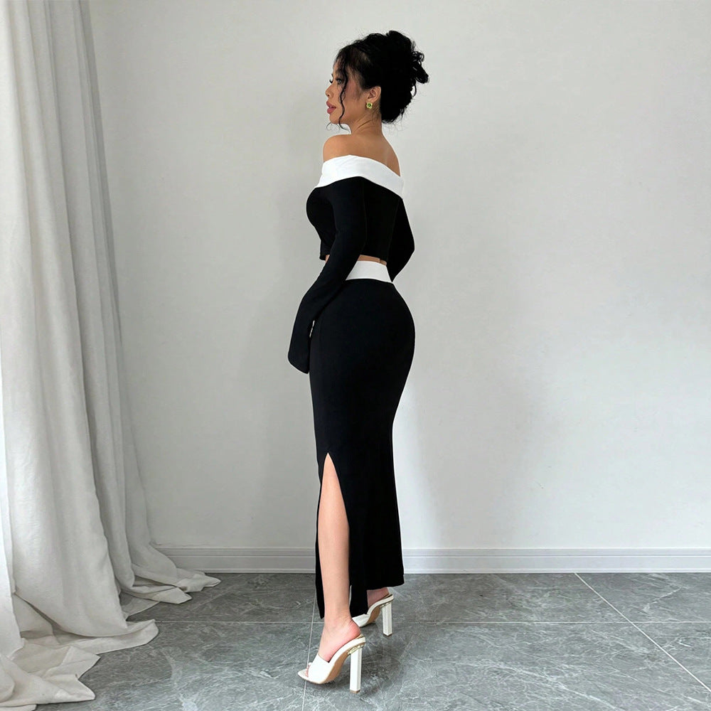 Damen Crop-Top und Maxirock Set mit Off-Shoulder Design Drune